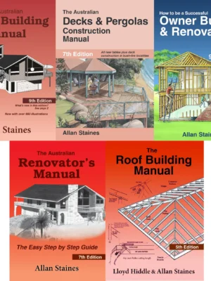 5 x Allan Staines Books, House Building, Owner Builder & Renovator, Decks & Pergolas, Roof Building