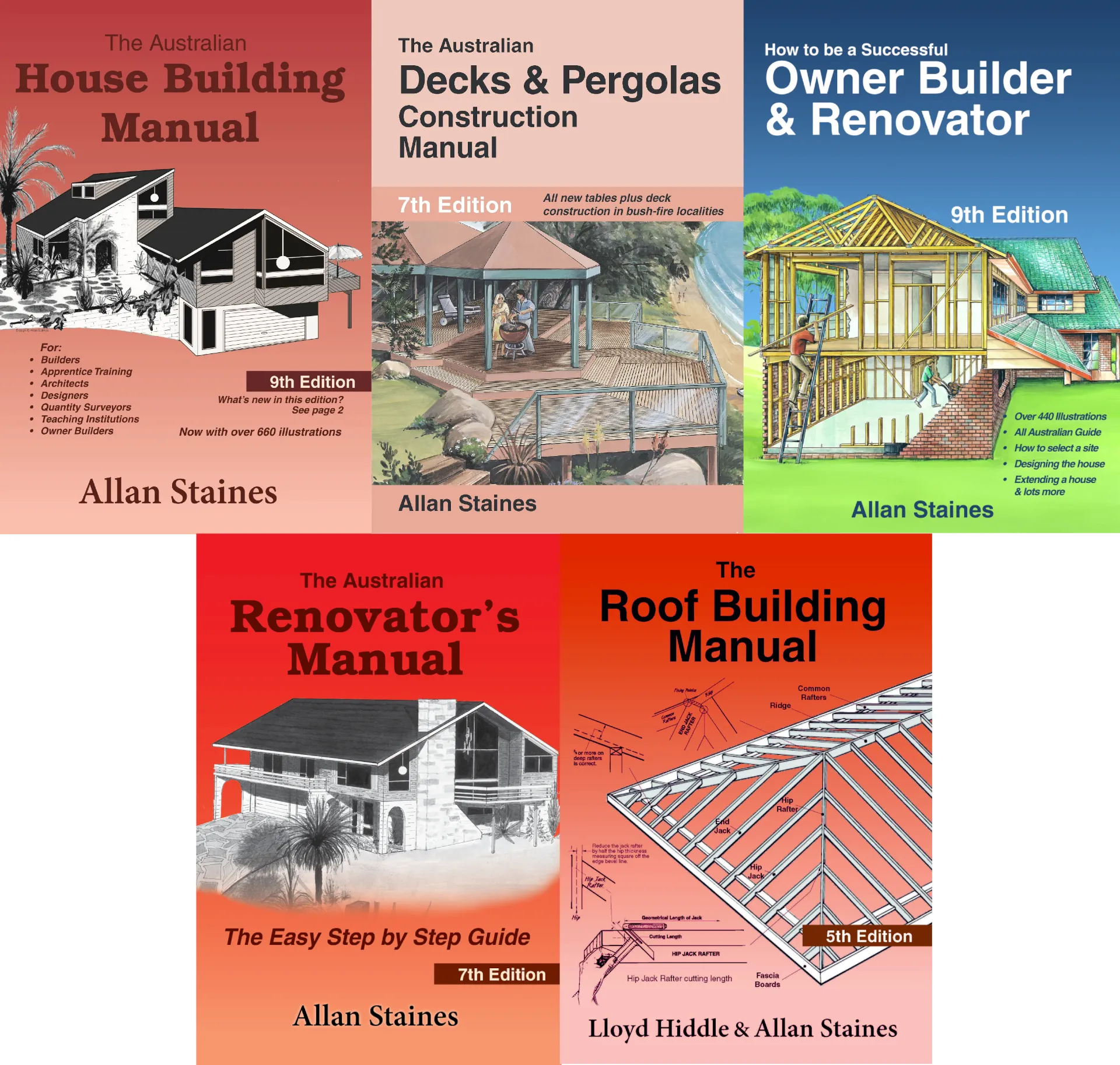 5 x Allan Staines Books, House Building, Owner Builder & Renovator, Decks & Pergolas, Roof Building