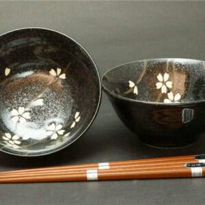 Soushunka Black Cherry Blossom Bowl and Chopsticks Set for Two