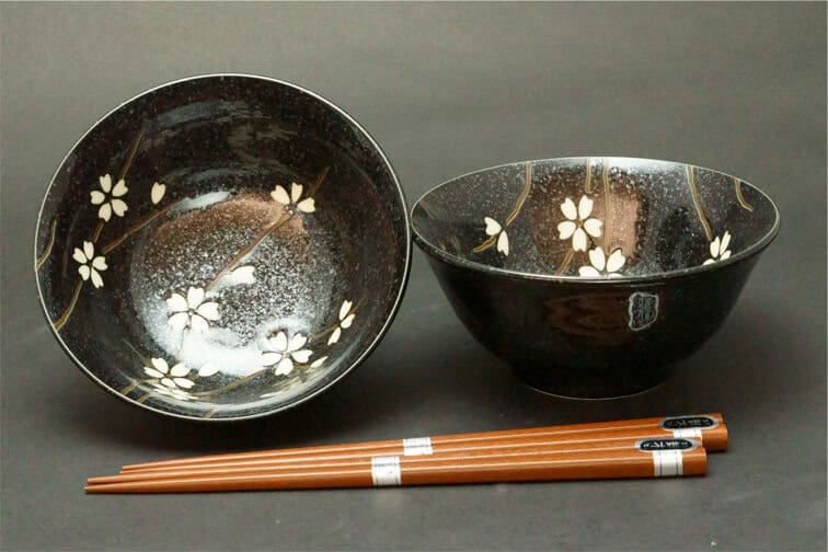 Soushunka Black Cherry Blossom Bowl and Chopsticks Set for Two