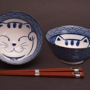Seikaiha Cat Bowl and Chopsticks Set for Two