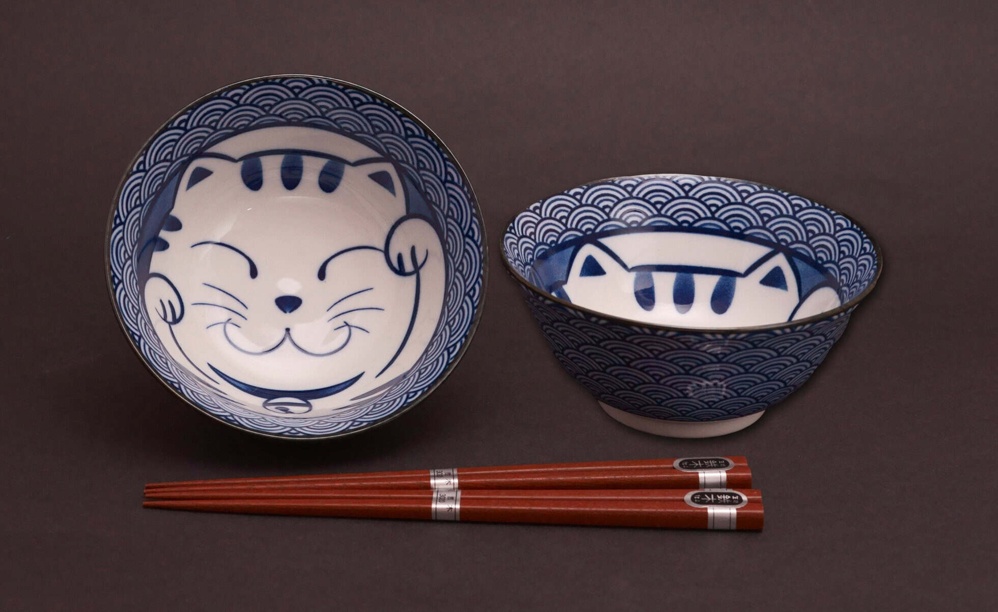 Seikaiha Cat Bowl and Chopsticks Set for Two