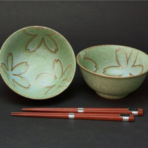 Yaezakura Green Bowl and Chopsticks Set for Two