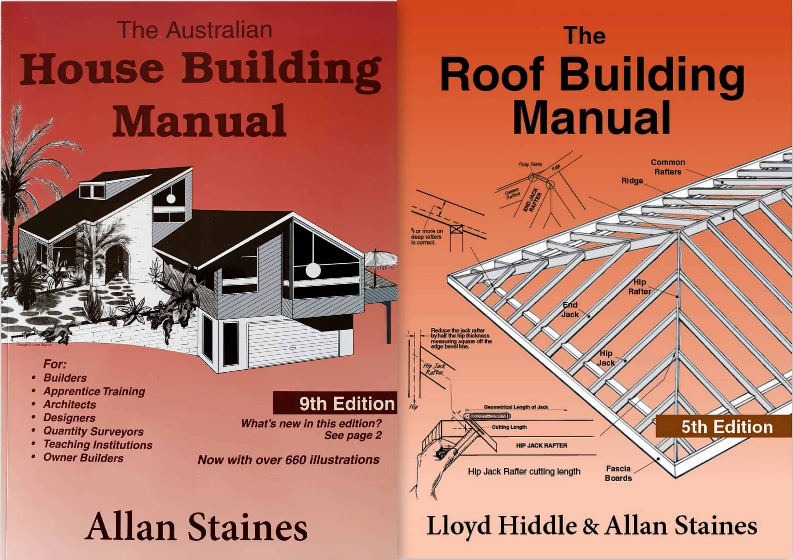 Two building manuals: The Australian House Building Manual and Roof Building Manual.