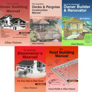 Collection of books on house building, decks, pergolas, and renovations by Allan Staines and Lloyd H.