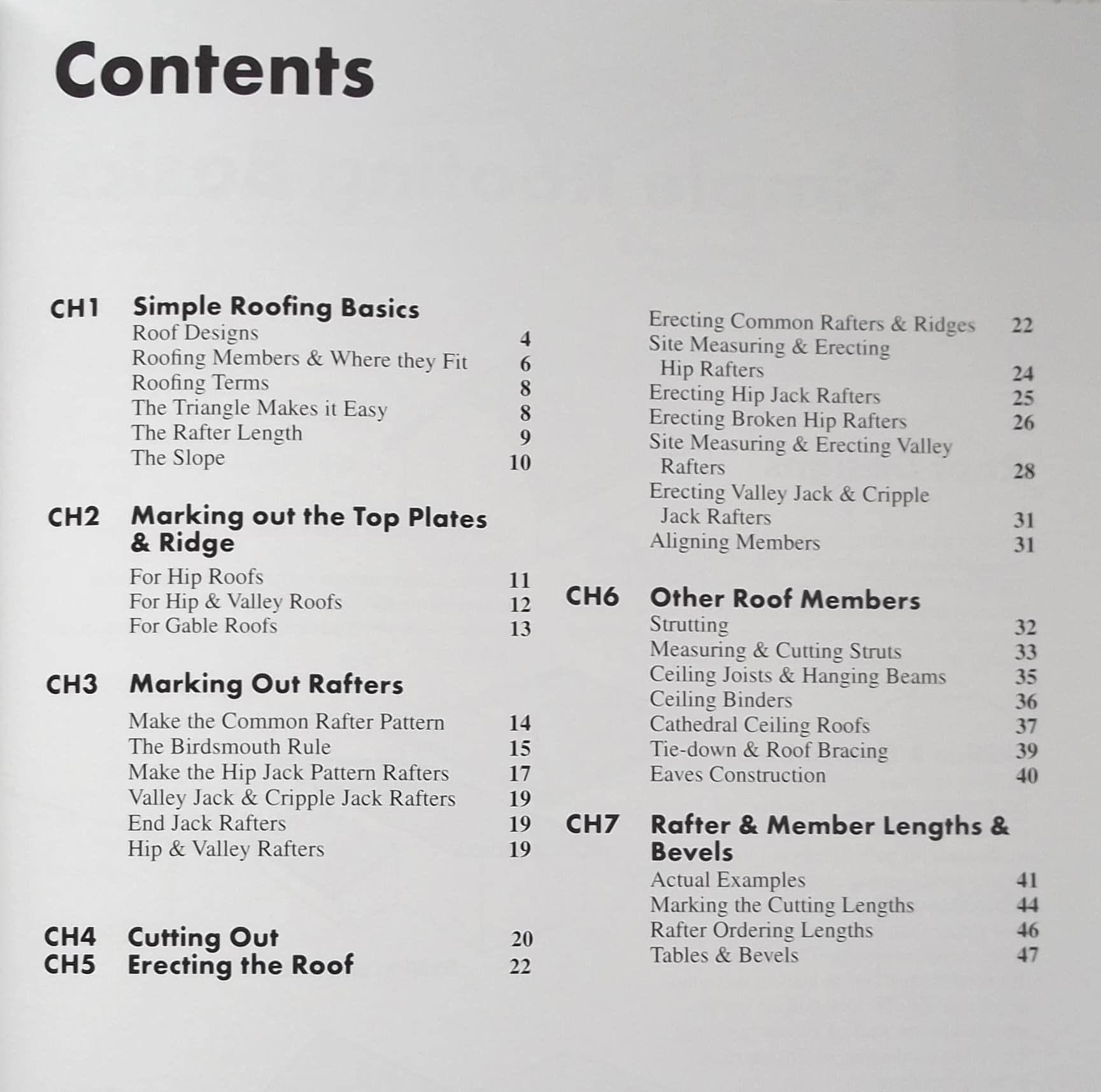 Table of contents page from The Roof Building Manual by Lloyd Hiddle and Allan Staines.