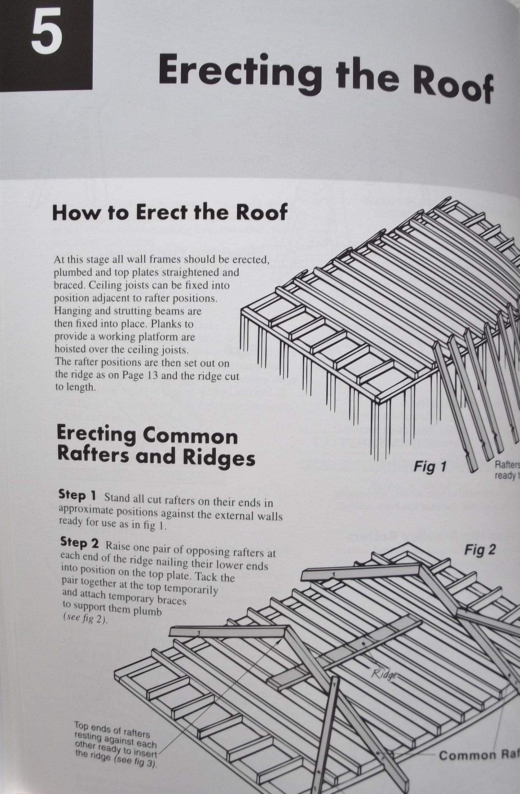 Illustration of roof framing and rafter installation for roof erection.
