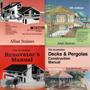 Collection of Australian building manuals including house, owner builder, renovator, decks, and perg.