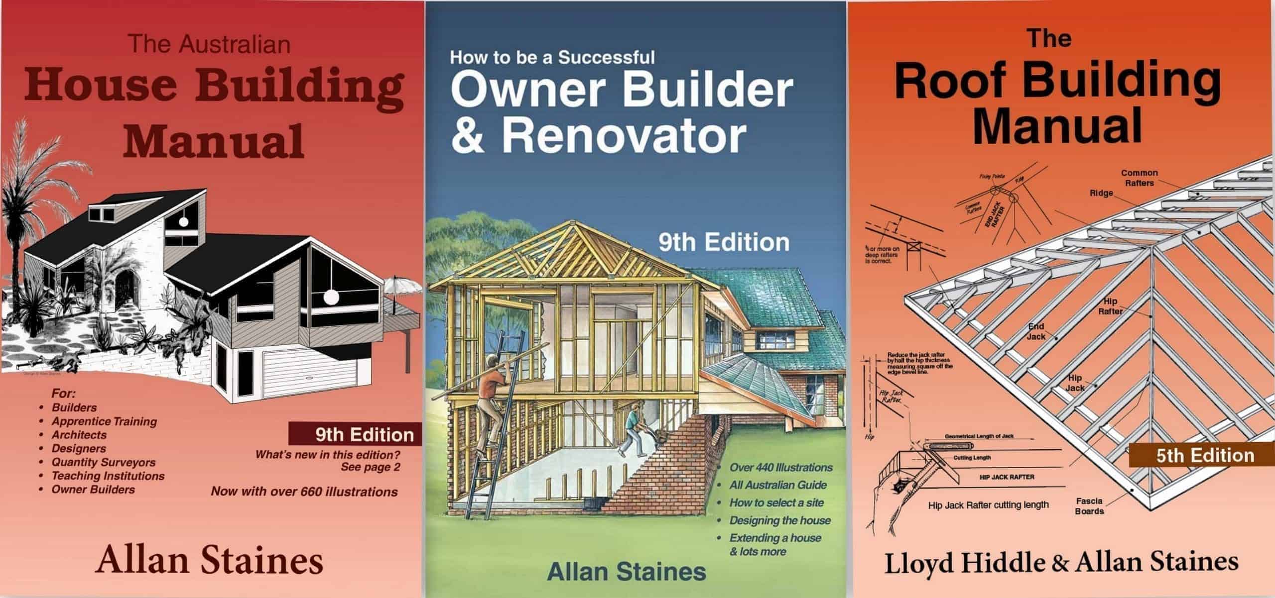 Collection of house building and renovation manuals with illustrations.