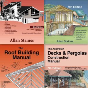 Collection of Australian building manuals including house, roof, decks, and owner builder guides.