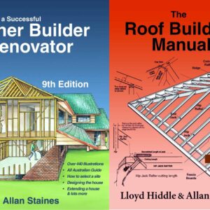 Two book covers on owner builder and roof building manual by Allan Staines and Lloyd Hiddle.