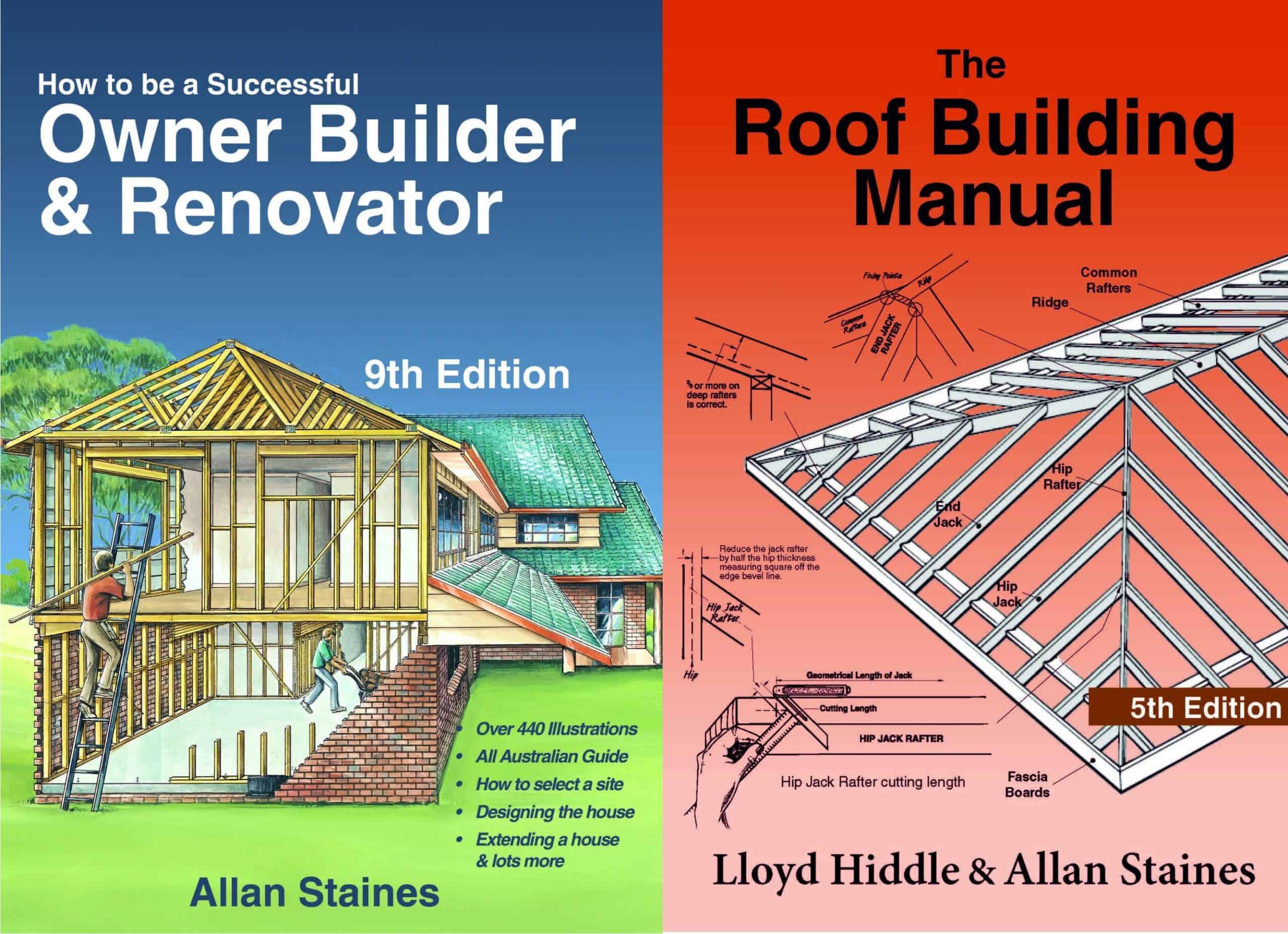 Two book covers on owner builder and roof building manual by Allan Staines and Lloyd Hiddle.