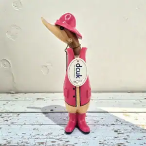 Handcarved bamboo root duck figurine wearing pink raincoat and hat