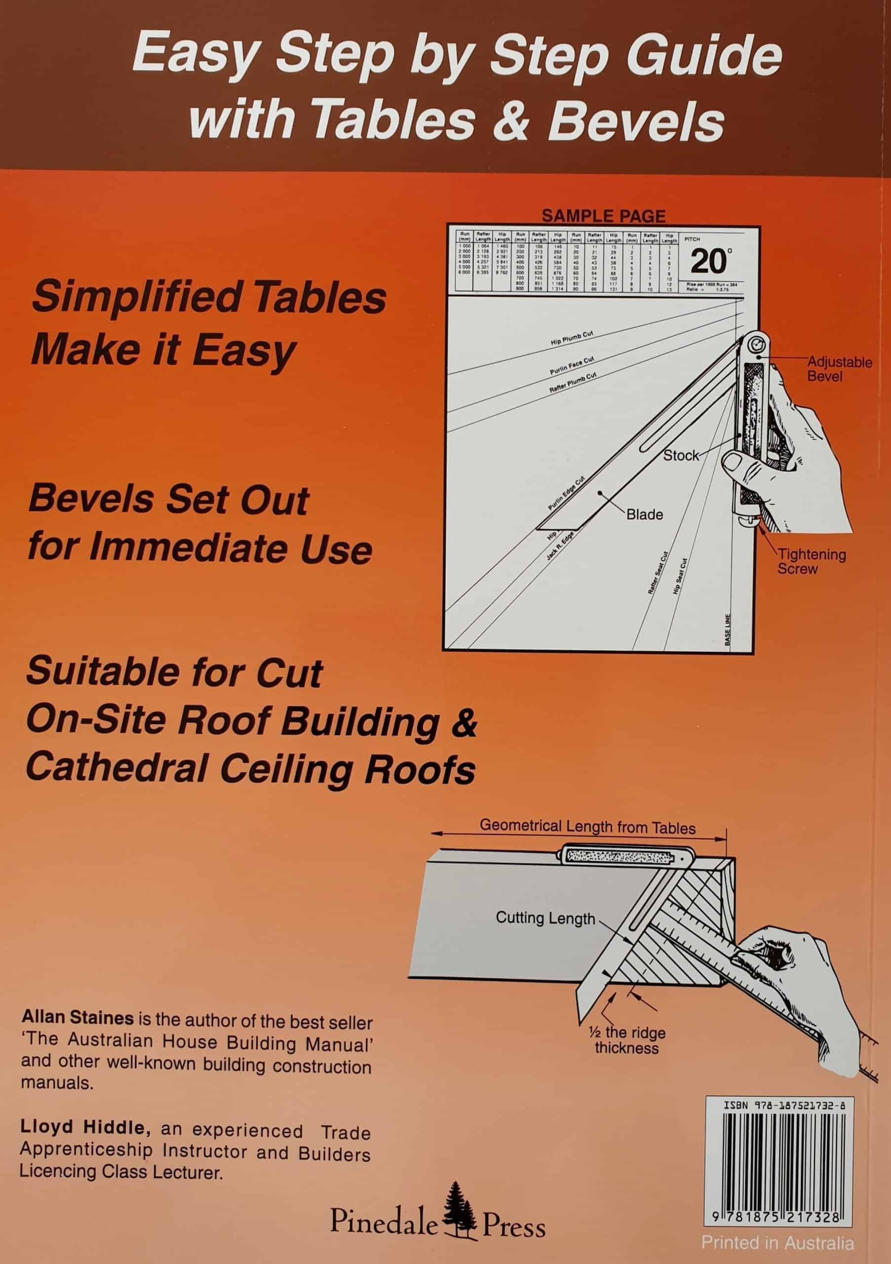 Cover of 'The Roof Building Manual' showing tables and bevels for roof construction.
